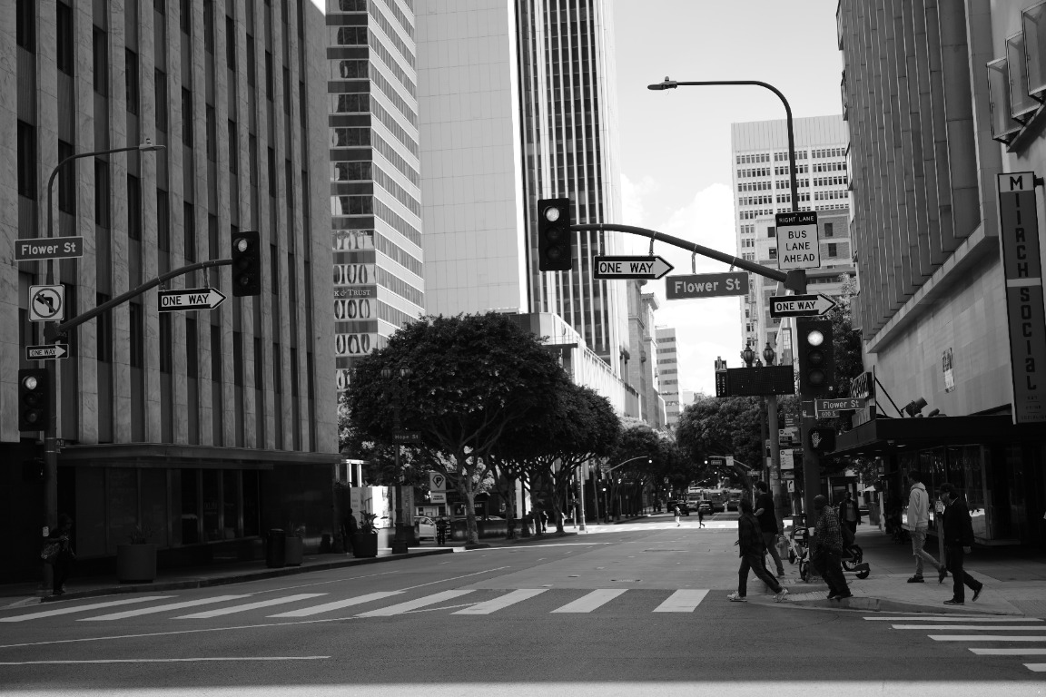 Black and white view down Flower Street in downtown Los Angeles